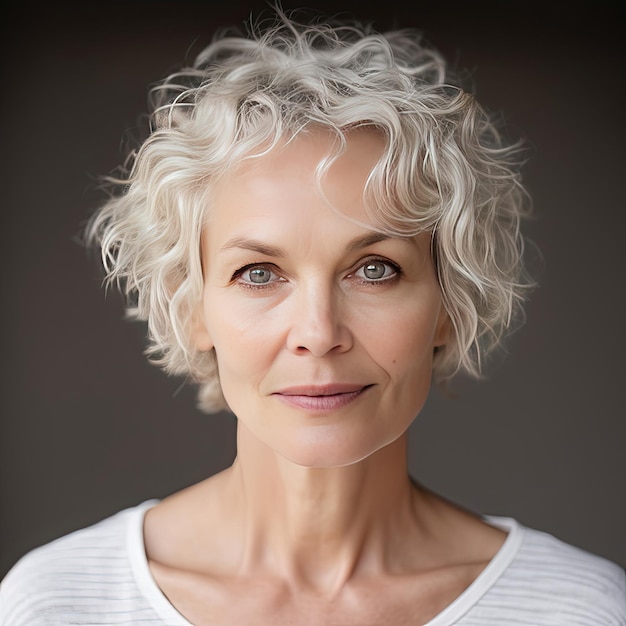 Portrait of a woman about 55 years old with curly white hair Concept of beauty in a mature woman