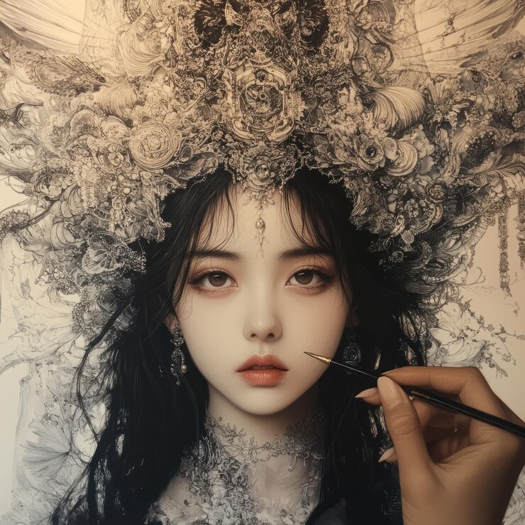 Photo 花の要素で飾られた女性の肖像画
