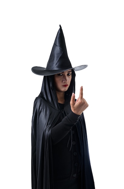 Foto ritratto di donna in nero spaventoso strega halloween costume in piedi con cappello