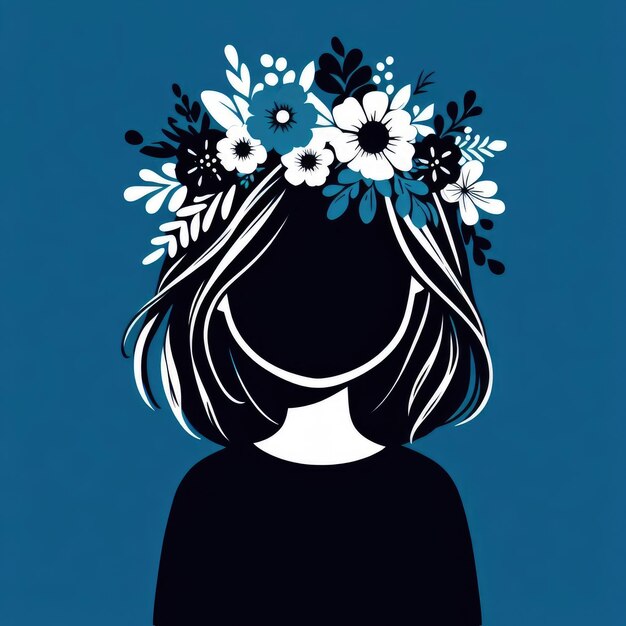 Foto ritratto di un personaggio femminile con fiori su blu