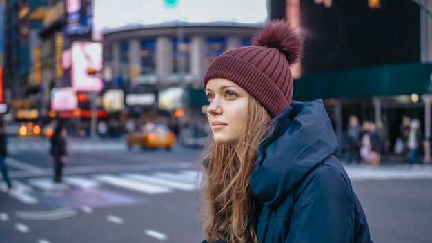 Portrait of woman on city street