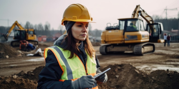 Portrait of a woman construction worker with a helmet in front of the excavator