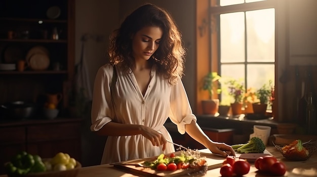 Portrait of woman cooking breakfast chopping vegetables for salad using board and knife standing in