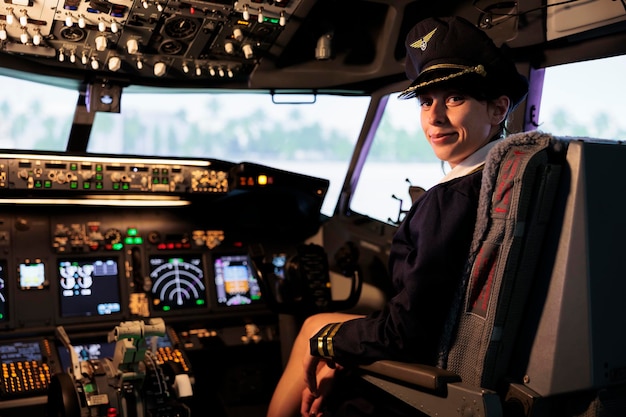 Portrait of woman copilot in uniform flying airplane jet from cockpit with control panel command and dashboard buttons, aerial transportation. Woman using switch and lever with radar navigation.