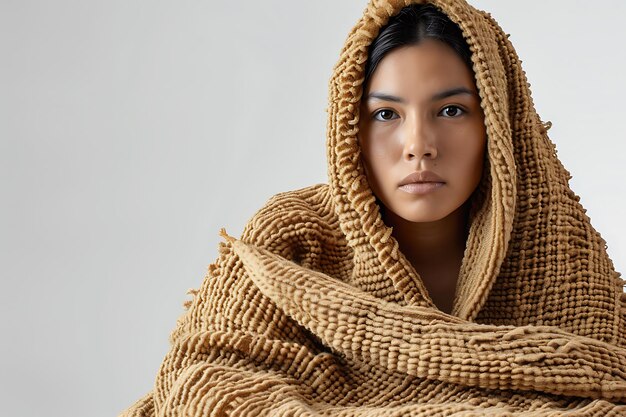 Photo portrait of woman covering with blanket over white background