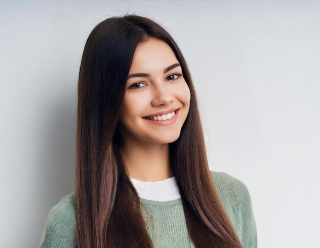 portrait of woman cute smiling young female with dark long hair brown on white background