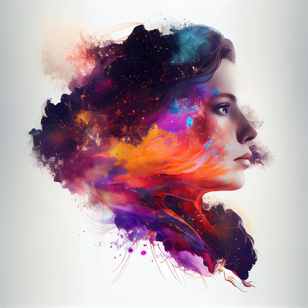 화려한 디지털 페인트 스플래쉬 또는 우주 성운으로 이중 노출된 여성의 초상화