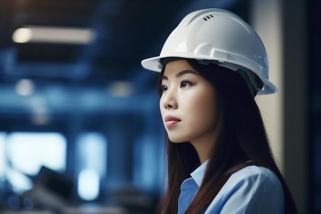 Portrait woman engineer job asian manufacture industrial smile helmet industry business Generative AI