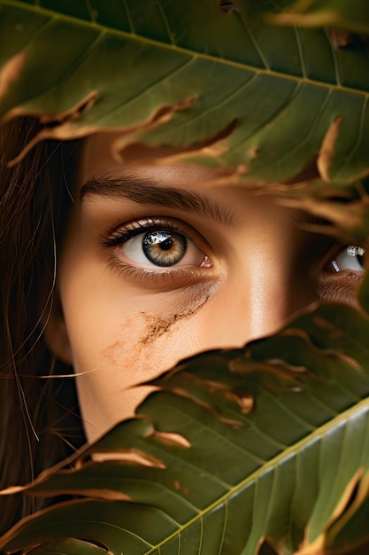 オークの葉から覗く女性の目の肖像画をクローズアップ