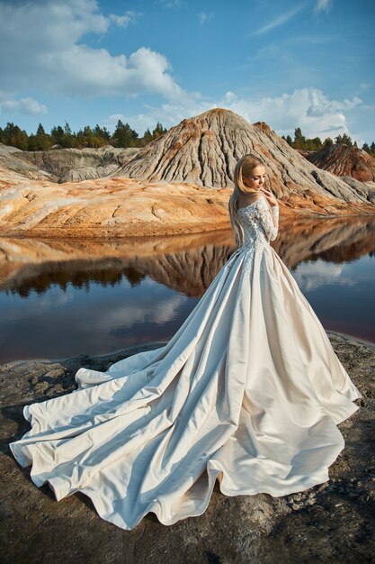 portrait of a woman on fabulous landscape in the mountains, a wedding in nature, girl in long dress