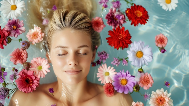 portrait of a woman floating an a swimming pool full of flowers