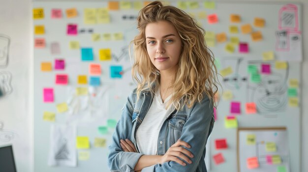 portrait of woman in front of wall with sticky notes adhesive notes on wall