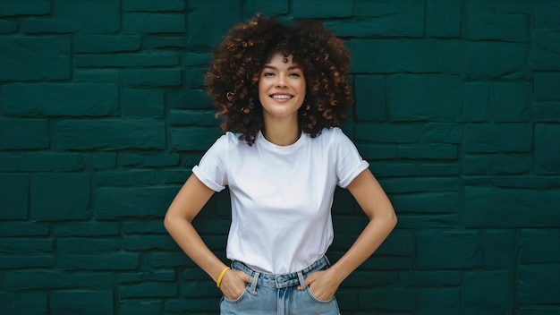 Portrait of woman in full growth wearing white tshirt and jeans