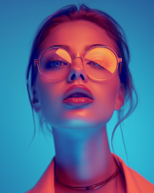 Foto ritratto di una donna con gli occhiali a neon blu