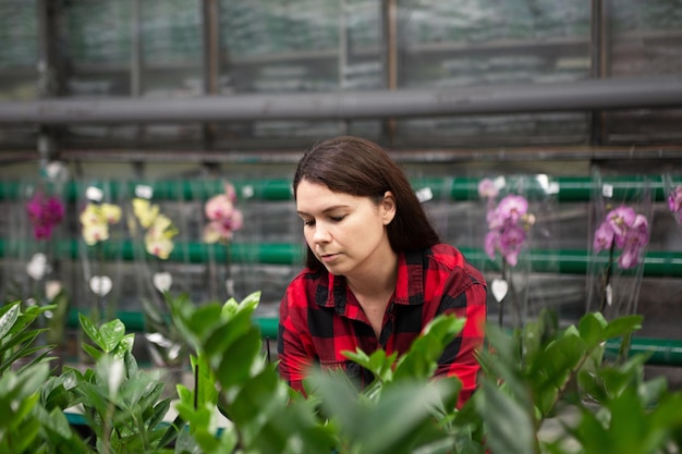 光沢のある葉を持つ温室選択植物の女性の肖像画