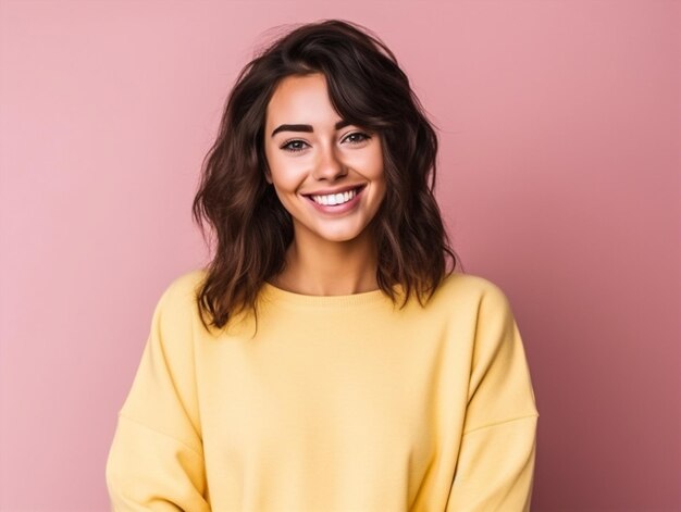 Foto ritratto donna capelli bellezza giovane sorriso giallo modello alla moda rosa felice ai generativa