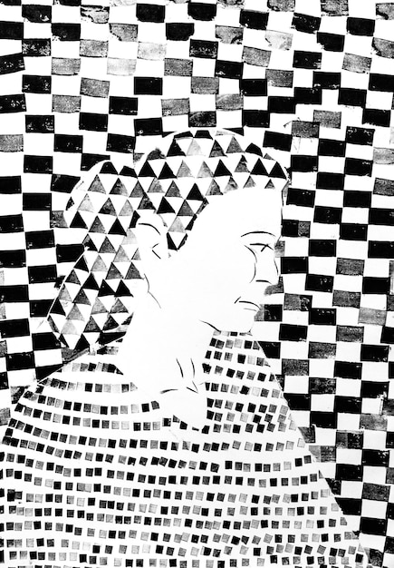 portrait of woman hand drawn in checkered pattern