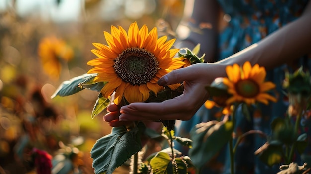 Portrait of woman hand holding flower in sunflower field Generative AI