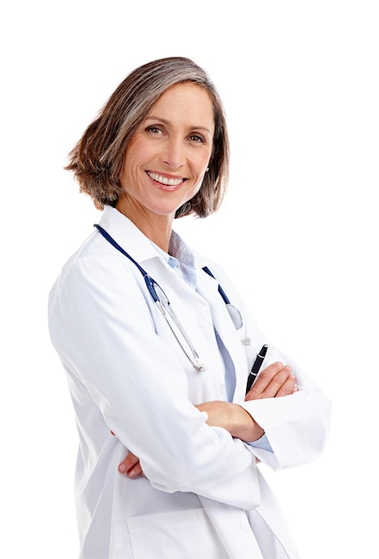 Portrait woman and happy doctor with arms crossed in studio isolated on a white background Healthcare face and mature female medical professional from Australia with confidence and a smile