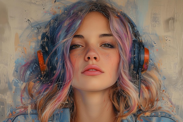 Portrait woman headphones listening to music or to a broadcast quality of sound leisure actitivity