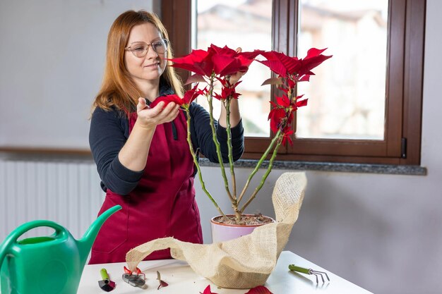 Portrait of woman holding christmas tree at home