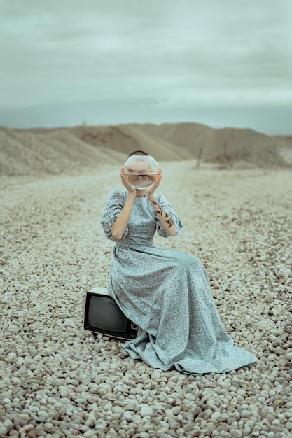 portrait of woman holding fish bowl while sitting on field against cloudy sky