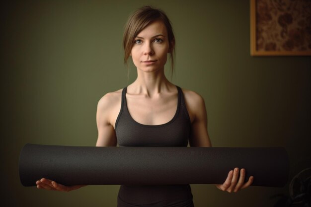 Portrait of a woman holding up her yoga mat created with generative ai