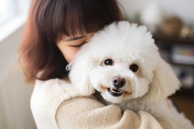 抱きしめる女性の肖像画 可愛いビチョンフライズ犬ペットコンセプト