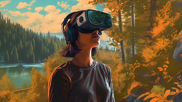 VR の世界に没頭する女性のポートレート 生成 AI