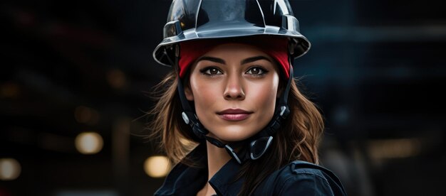 Portrait of woman industrial worker in hardhat posing for photo