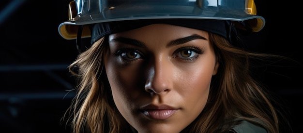 Portrait of woman industrial worker in hardhat posing for photo