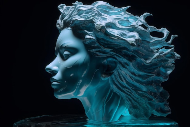 여성의 초상화는 물 모양이며 밤에는 zbrush Generative AI 스타일로 표시됩니다.