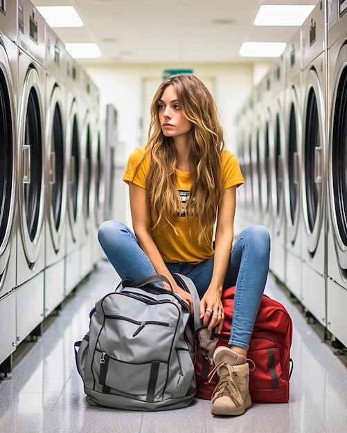 Portrait of a woman in a laundry room