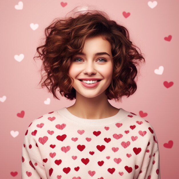 Portrait of a woman in love with hearts on pink background love valentine's day