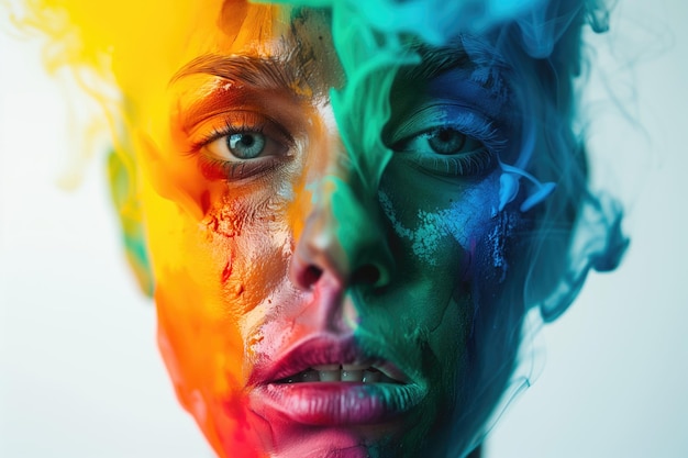 Portrait of a woman made of different emotions and colors flow and mix with each other