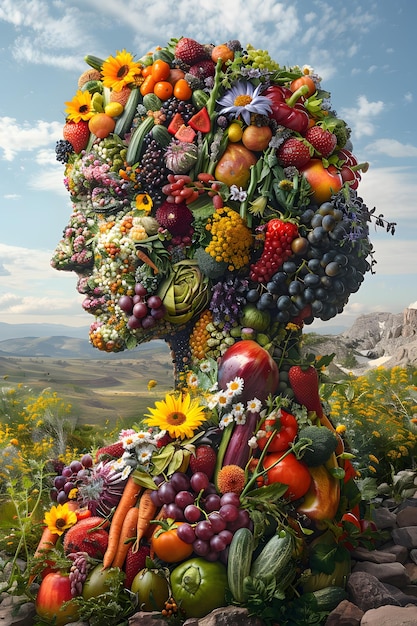 A portrait of a woman made of fruits and vegetables