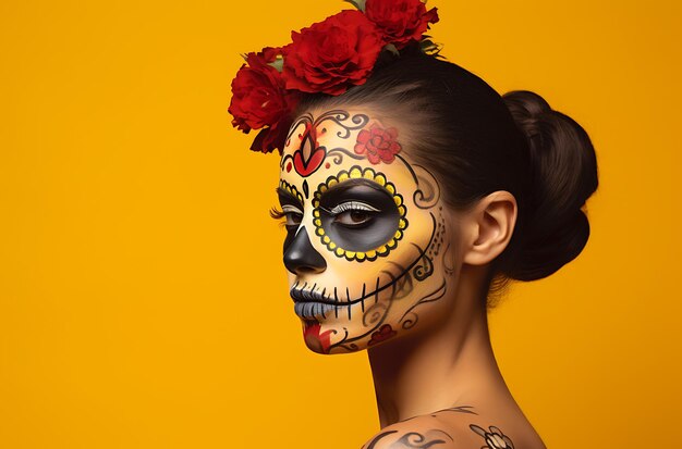 A portrait of a woman made up for the day of the dead halloween or dia de los muertos skull make up