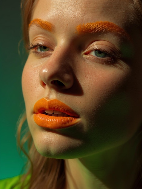 Portrait of woman orange and green neon lighting duotone