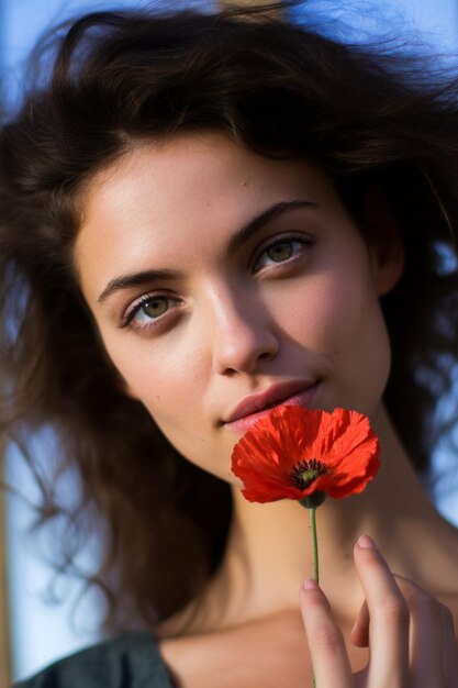 Foto ritratto di una donna in un campo di papaveri foto verticale ai generativa