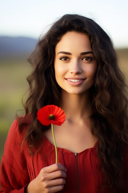 Portrait of a woman in a poppy field Vertical photo Generative AI