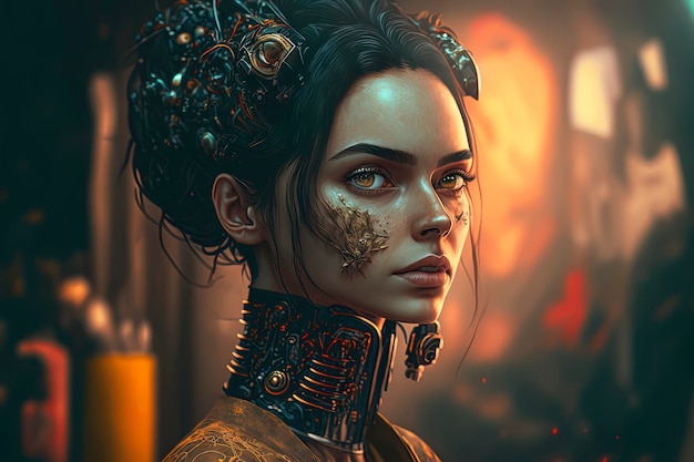 Portrait of woman's cyborg cyberpunk