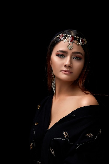 Portrait of a woman's face decorated with Oriental jewelry