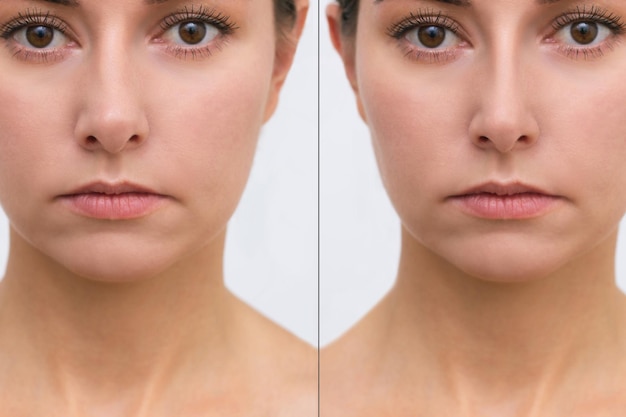 Photo a portrait of woman's face with nose before and after rhinoplasty. crooked nose correction.