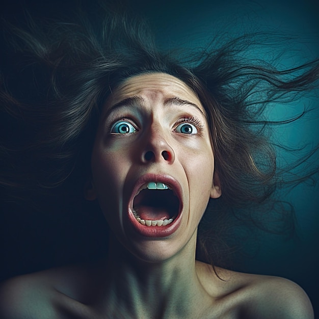 Portrait of a woman screaming in horror with her eyes wide open