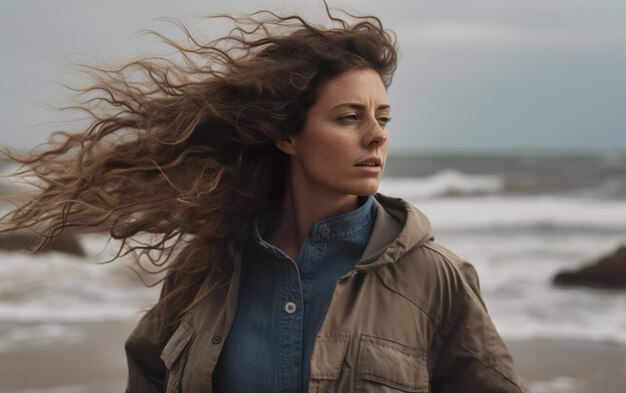 Portrait of a woman on sea background AI Generative AI