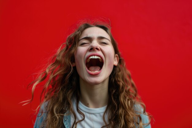 Photo portrait woman shouting over red background