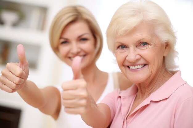 Portrait of a woman showing thumbs up with her mom in the background created with generative ai