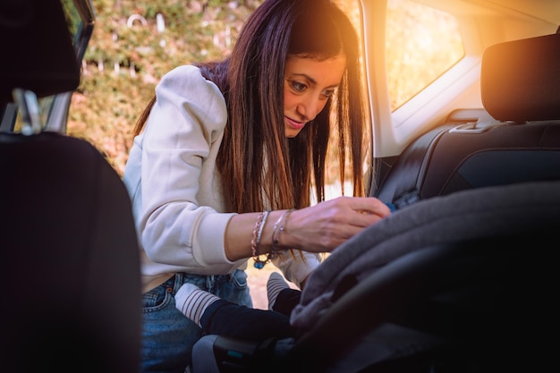 Photo portrait of woman sitting in car