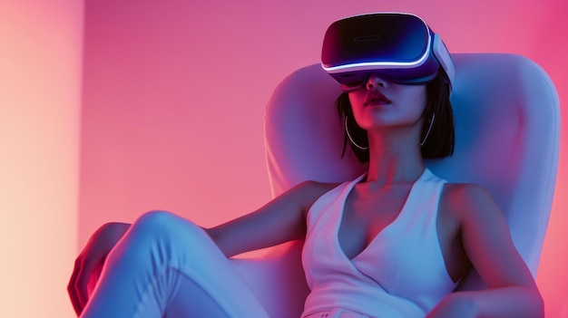 VR 안경을 입고 현대적인 의자에 앉아있는 여성의 초상화와 트렌디한 활기찬 배경에 가상 증강 현실을 시도합니다.