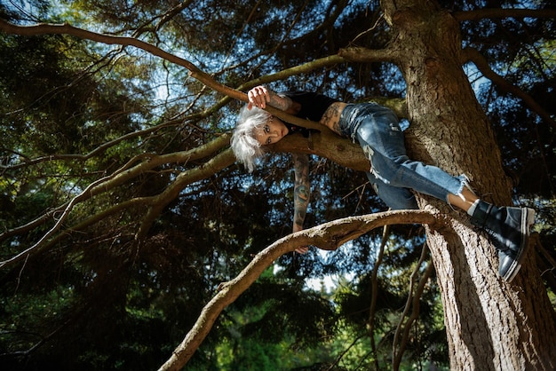 Photo portrait of woman sitting on tree